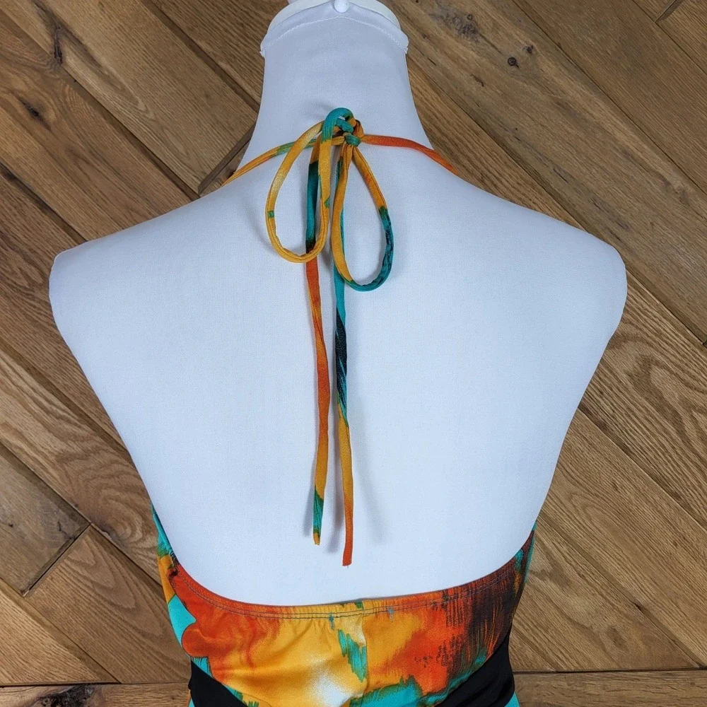 Lipstick Maxi Dress Womens Medium Halter Tropical Floral Sleeveless Teal Orange